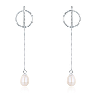 Platinum Plated Spiral Long Dangle Pearl Earrings